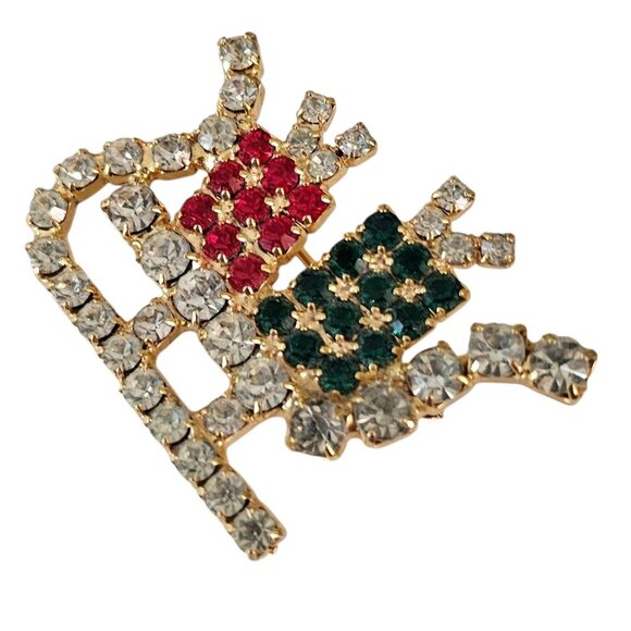 Santa's Sleigh Brooch Vintage Green Red Rhinestone Pin - Picture 4 of 9